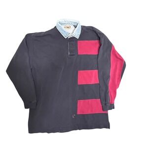 County Seat Mens Rugby Shirt Long Sleeve Denim Collar Color Block Size L *Read